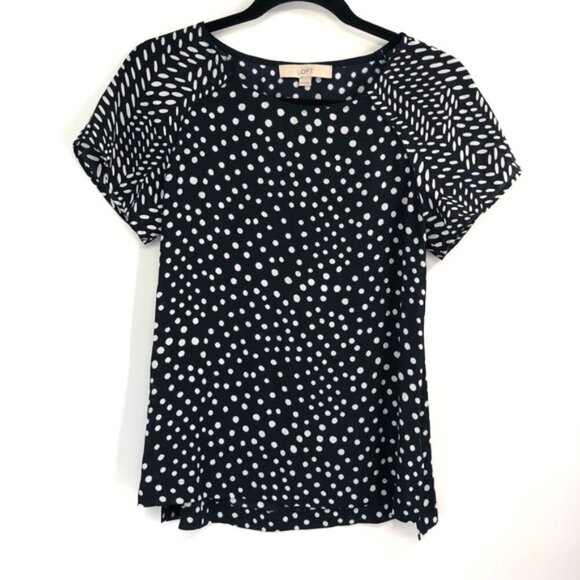 LOFT Dot Print Blouse Top Blue White Polka Dots Mixed Print Flowy XS Navy - Picture 1 of 8